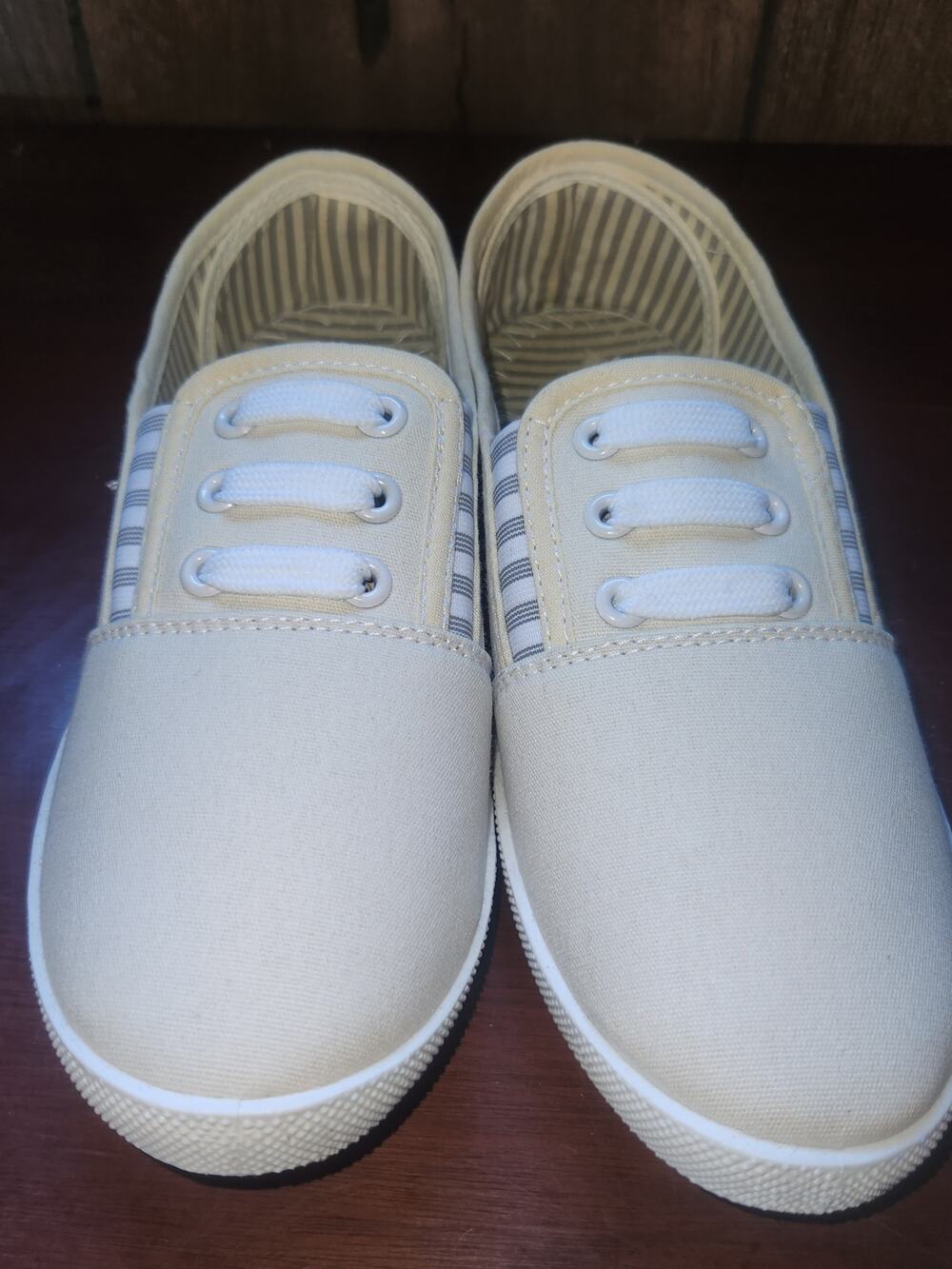 Cream Canvas Slip-On Sneakers Striped Trim Women's Size 5
